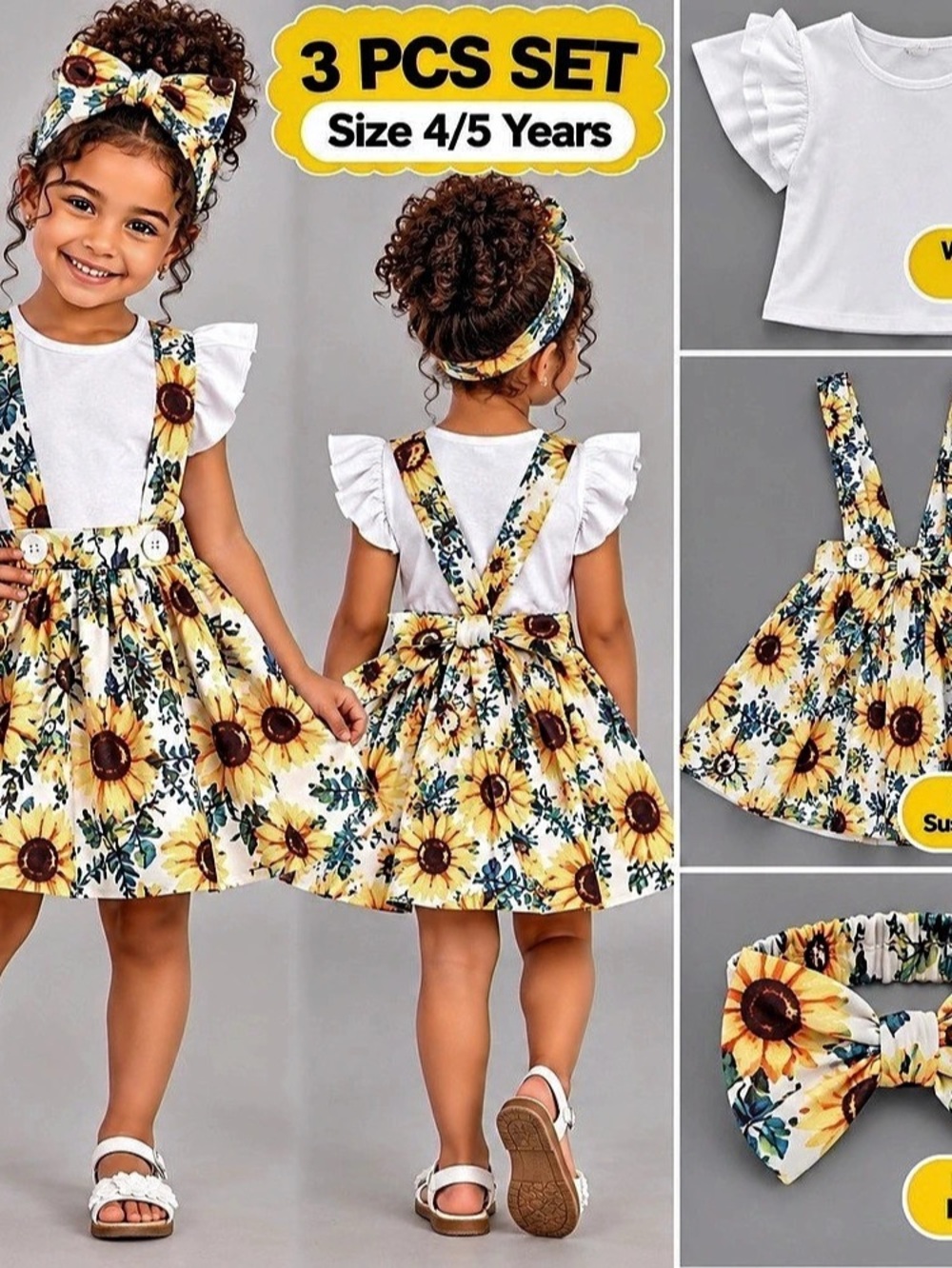 Girls Floral 3-Piece Set White & Yellow Size 4/5 Years